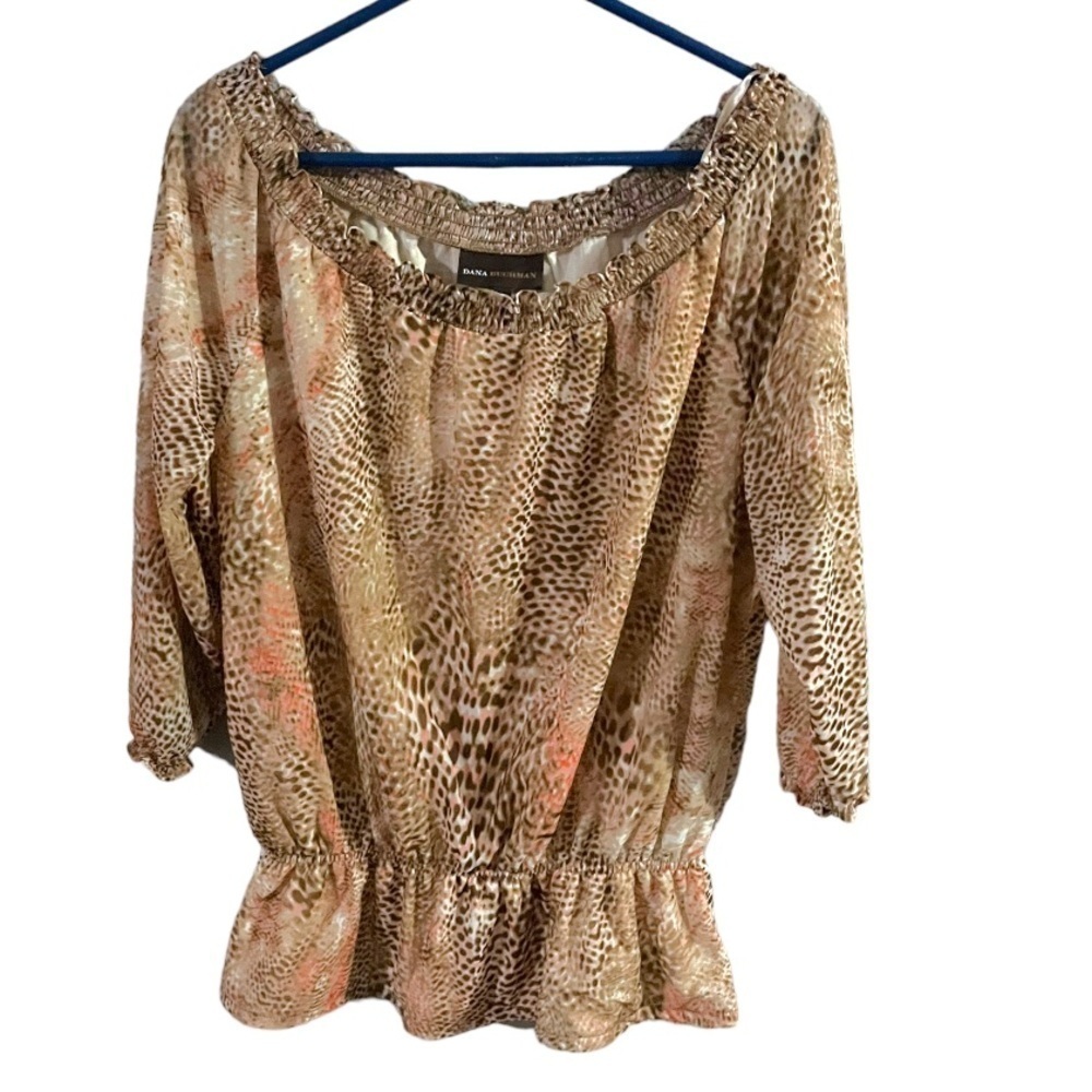 EUC Dana Buchman womens 3/4 sleeve lined blouse Size L beige brown coral